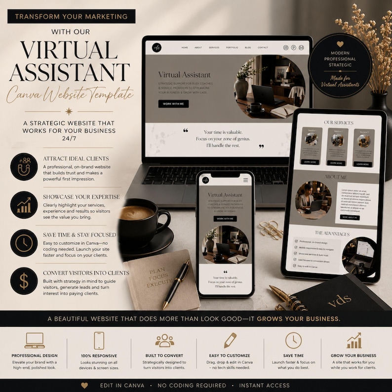 May include: A Canva website template for virtual assistants featuring a laptop, smartphone, and tablet displaying a professional layout. The design includes text, icons, and branding elements in a neutral color palette with a coffee cup and pen.