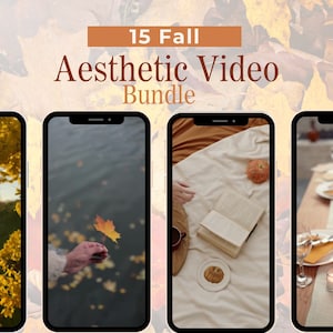 May include: A collage of four images showcasing fall aesthetic video clips. The first image shows a close-up of yellow leaves on a tree branch. The second image shows a hand holding a single orange leaf against a blurry background of water and leaves. The third image shows a book and a cup of coffee on a white blanket. The fourth image shows a table setting with candles, pumpkins, and fall foliage.