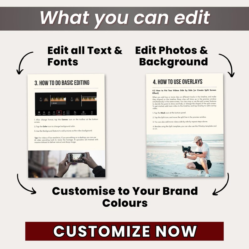 May include: A promotional graphic with the text "What you can edit" at the top. The image is divided into sections detailing editing text, fonts, photos, and backgrounds. The bottom section reads "Customise to Your Brand Colours" and "CUSTOMIZE NOW".