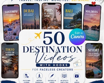 Travel Videos Photo Bundle for Instagram Reels Destination Hook and tips Faceless Digital Marketing Videos MRR/PLR Bali Greece Paris Tokyo