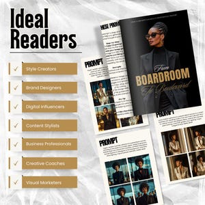 May include: A promotional image with the text "Ideal Readers" and a list of professions. The image also features a magazine spread with the title "From Boardroom to Boulevard" and the word "Prompt" in bold.