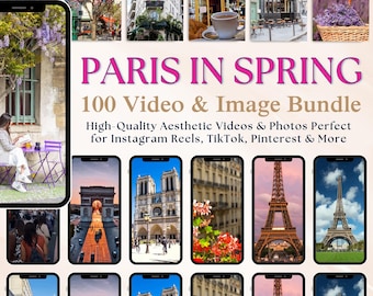 May include: A collage of images and videos showcasing the beauty of Paris in the spring. The images feature iconic landmarks such as the Eiffel Tower and Notre Dame Cathedral, as well as charming street scenes and blooming flowers. The text "PARIS IN SPRING 100 Video & Image Bundle High-Quality Aesthetic Videos & Photos Perfect for Instagram Reels, TikTok, Pinterest & More" is displayed on the collage.
