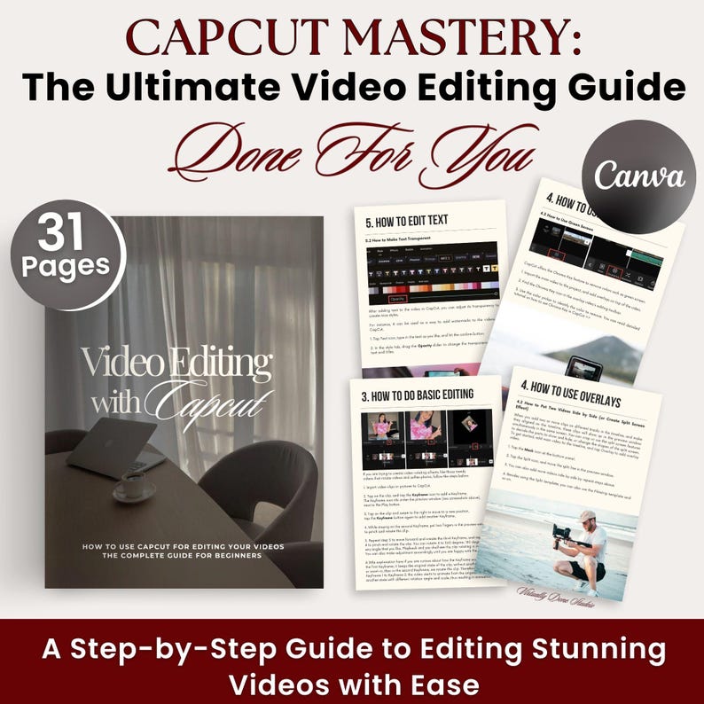 May include: A video editing guide titled "CAPCUT MASTERY" with the subtitle "The Ultimate Video Editing Guide Done For You." The guide includes 31 pages and is designed for beginners. It features a laptop, coffee cup, and several pages with editing instructions.