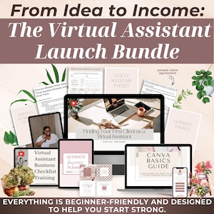 May include: A promotional image for a virtual assistant launch bundle. The image features a laptop, tablets, and a smartphone displaying training materials. Text includes "From Idea to Income" and "The Virtual Assistant Launch Bundle."