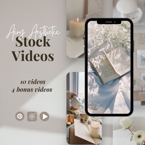 May include: A collage of images featuring a white book with sunbeams shining through it, a white candle, a white teapot, a white flower, and a phone screen displaying a white book with sunbeams shining through it. The text "Airy Aesthetic Stock Videos" is displayed in the top left corner of the image. The text "10 videos 4 bonus videos" is displayed below the title. The text "P", "O", and "Play" are displayed in the bottom left corner of the image.