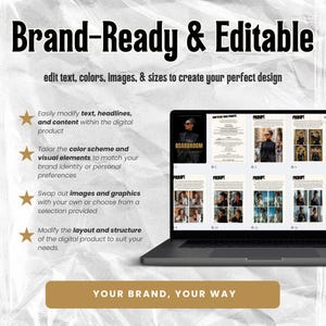 May include: A laptop displaying a digital product with the text "Brand-Ready & Editable." The screen shows editable templates with the text "BOARDROOM" and "PROMPT." The image highlights the ability to modify text, colors, images, and sizes for design customization. The bottom banner reads "YOUR BRAND, YOUR WAY."