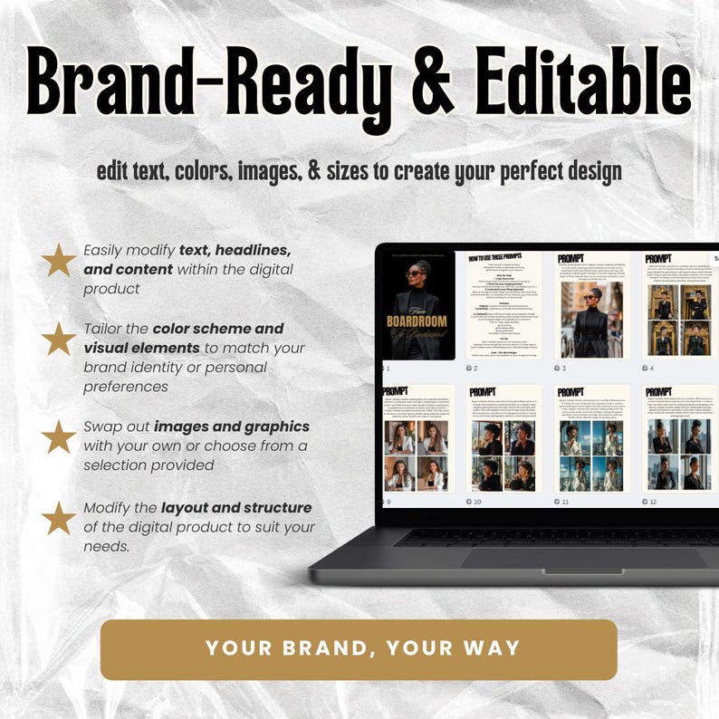 May include: A laptop displaying a digital product with the text "Brand-Ready & Editable." The screen shows editable templates with the text "BOARDROOM" and "PROMPT." The image highlights the ability to modify text, colors, images, and sizes for design customization. The bottom banner reads "YOUR BRAND, YOUR WAY."