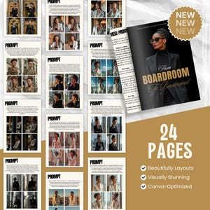 May include: A promotional booklet titled "From Boardroom to Boulevard" with a black cover and a woman in a blazer. The booklet is surrounded by pages with images and the word "PROMPT". The booklet has 24 pages and states "Beautifully Layouts", "Visually Stunning", and "Canva-Optimized".