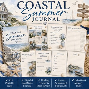 May include: A Coastal Summer Journal featuring a spiral-bound cover with a beach scene, plus printable pages including a vision board, summer challenge, reading tracker, weekend adventure planner, summer in review, favorites list, and notes page.