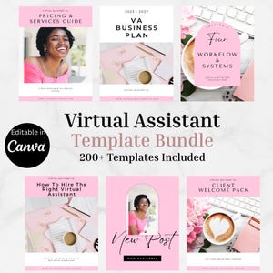 Puede incluir: Un paquete de plantillas de asistente virtual con una combinación de colores rosa y blanco. La imagen incluye plantillas para guías de precios, planes de negocios, sistemas de flujo de trabajo y paquetes de bienvenida para clientes. Se muestra el texto "Virtual Assistant Template Bundle".