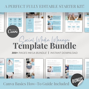 Könnte beinhalten: Ein Bundle editierbarer Social-Media-Vorlagen in Hellblau und Weiß. Der Text lautet "Social Media Manager Template Bundle" und "Canva Basics How-To Guide Included". Das Bundle enthält über 300 Seiten.