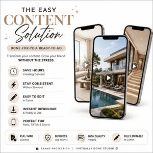 Puede incluir: Anuncio con tres smartphones mostrando una casa de lujo con piscina. El texto "THE EASY CONTENT Solution" destaca caracter&iacute;sticas como ahorro de tiempo, consistencia y edici&oacute;n f&aacute;cil. Iconos para descargas instant&aacute;neas y v&iacute;deos de alta calidad.