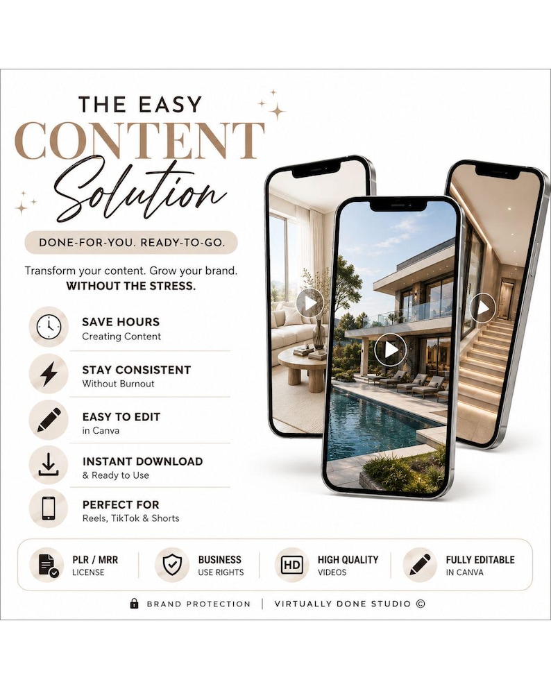 Puede incluir: Anuncio con tres smartphones mostrando una casa de lujo con piscina. El texto "THE EASY CONTENT Solution" destaca caracter&iacute;sticas como ahorro de tiempo, consistencia y edici&oacute;n f&aacute;cil. Iconos para descargas instant&aacute;neas y v&iacute;deos de alta calidad.