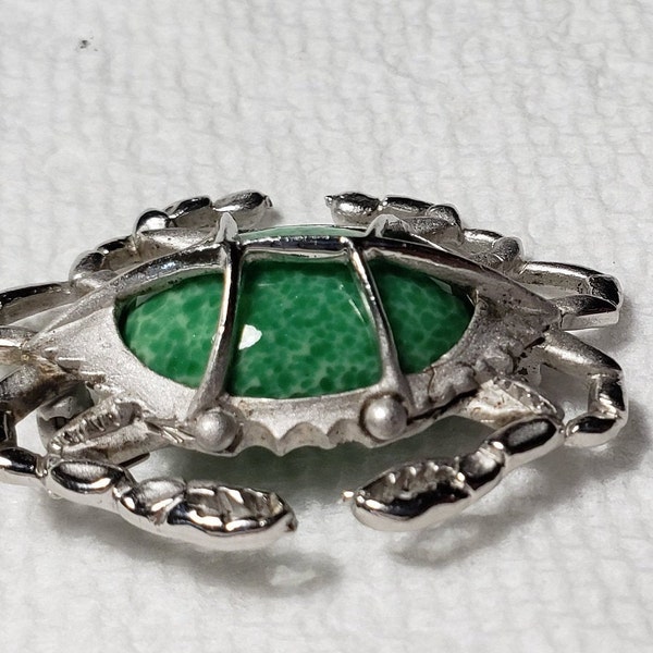 Vintage Signed Sterling Silver Crab Pin with Jade Glass Cabochon by Beaucraft