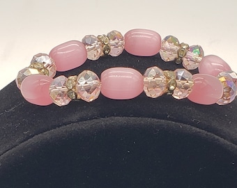 Pink Cats Eye & Crystal Beaded Stretch Bracelet