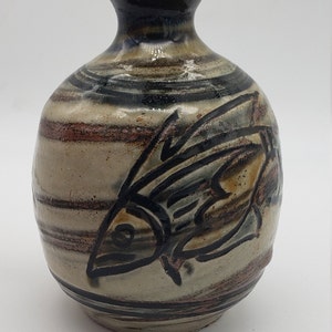 Jiro Kinjo Fish carved Pottery Vase Signed