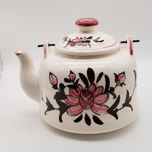Hand Painted Pink Floral Peony Teapot Mid-Century Japan with Spiral Metal Handle