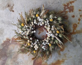 Dried Flower Wreath | Green | Yellow | White | Neutral Color Decor | Gift For Friends