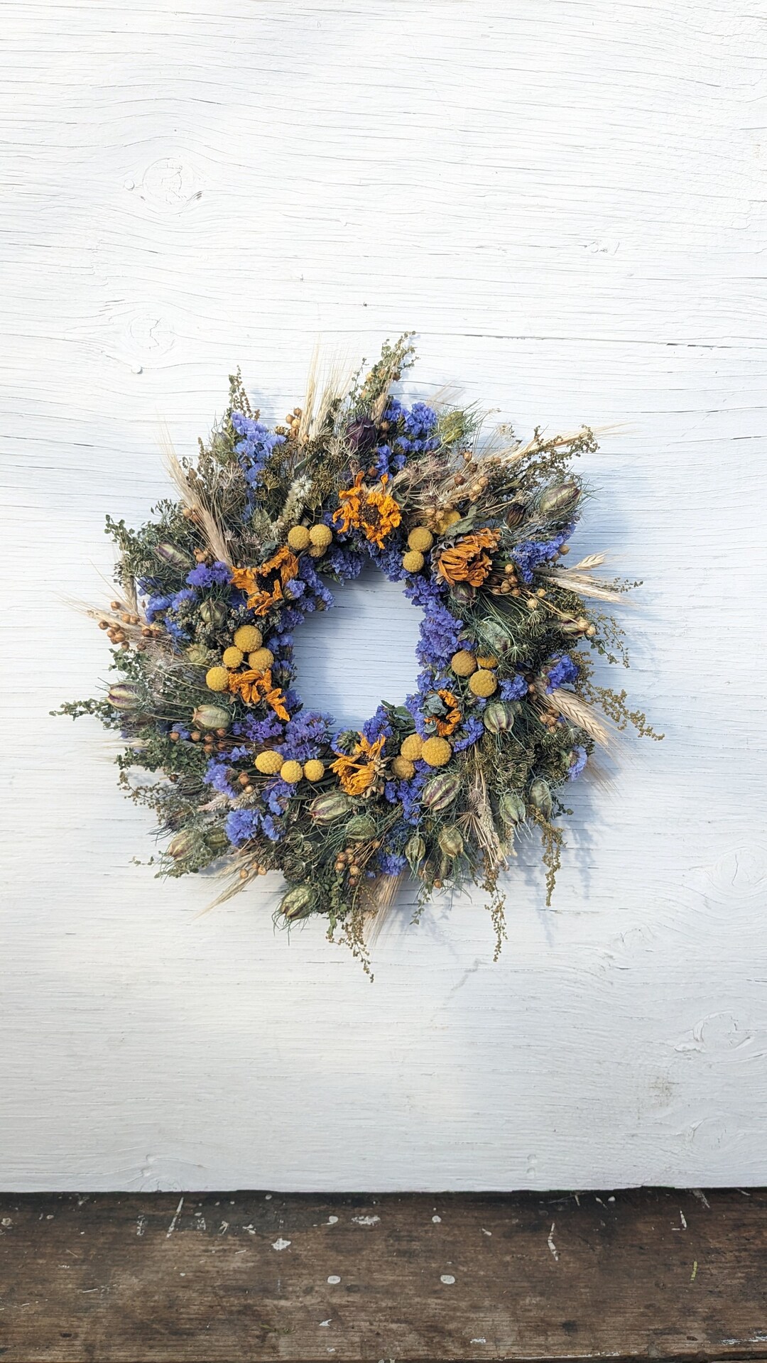Dried Flower Wreath Sunflower Floral Wall Wreath Blue Etsy