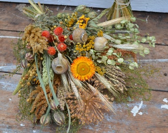 Dried Flower Mixed Bouquet | Brown | Orange| Red | Wheat | Grain | Green | Bridesmaid Bouquet | Bridal Bouquet | Thanksgiving