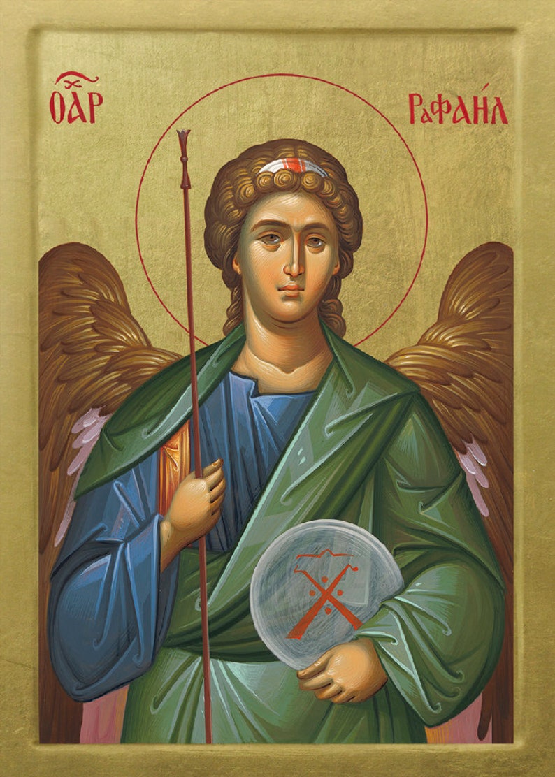 Archangel Raphael  Icon on Solid Wood with 22 Karat Gold Leaf image 1