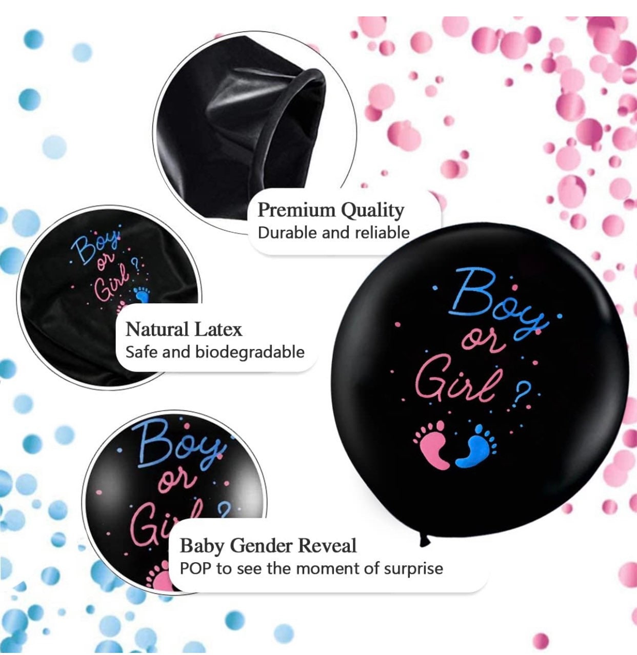 Yadiana 36 Inch Gender Reveal Balloon - Black Boy Or Girl Confetti Balloon For Baby Shower Parties