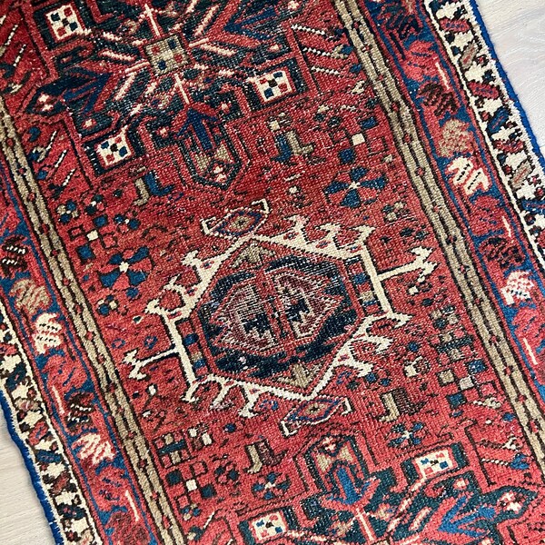 2’3” x 3’8” Vintage Karaja Heriz Persian Accent Rug, Worn Handwoven Rug, Red Navy Blue Ivory Natural Dye Rug, Kitchen Rug, Bathroom Rug