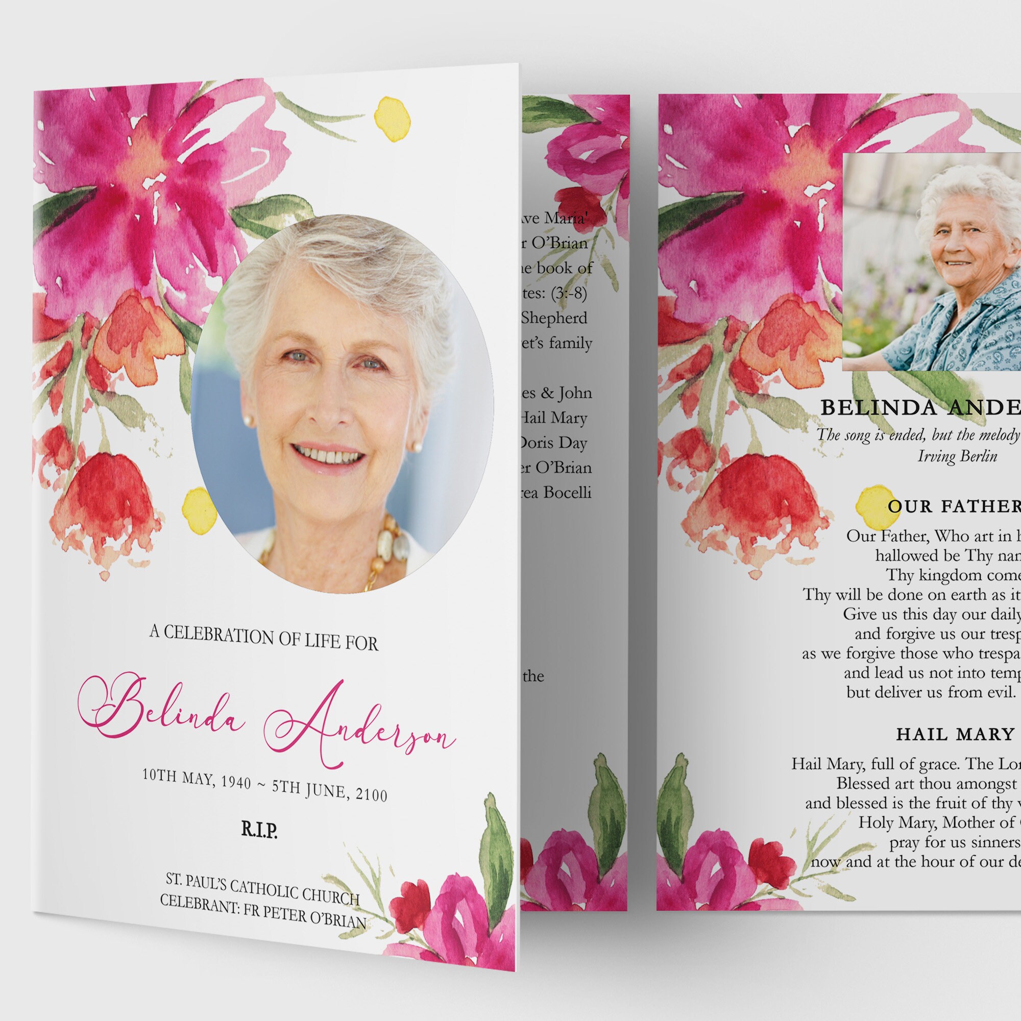Editable Funeral Program Template With Watercolor Floral, Floral Memorial Program Template