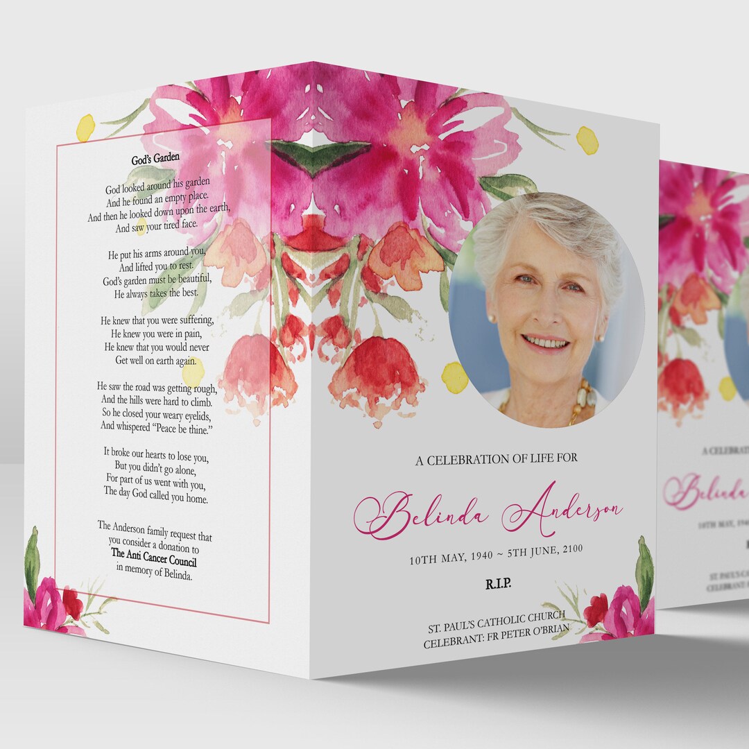 Editable Funeral Program Template With Watercolor Floral, Floral