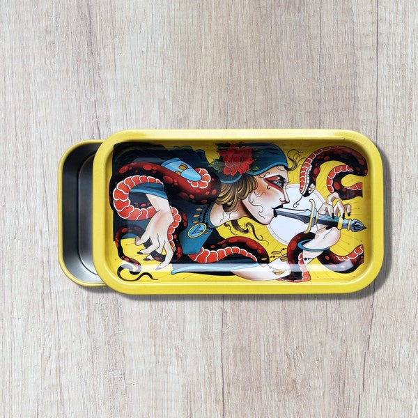 Mini Stash Box w/ Rolling Tray Lid - "Serpentine" Dagger and Snake Tattoo Design by V Syndicate