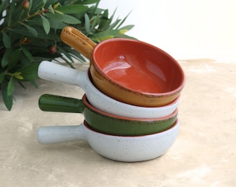 Vintage De Silva Italian Terracotta Soup Bowls Set of 4, Rustic Glazed Crocks with Handles, Oven Safe Baking Dishes, Farmhouse Kitchen