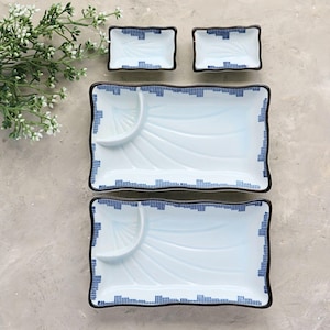 Vintage Blue Japanese Ceramic Sushi Plates, Rectangular Sashimi Serving Tray Set of 2