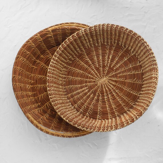 Vintage Handcrafted Pine Needle Basket Tray | Round Coiled Folk Art Decorative Bowl 11" or 12" Made in Florida