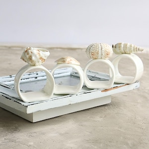 Vintage Coastal Napkin Rings Set of 4 Real Seashells, Beach House Table Decor, Nautical Dining, Coastal Wedding Table Setting