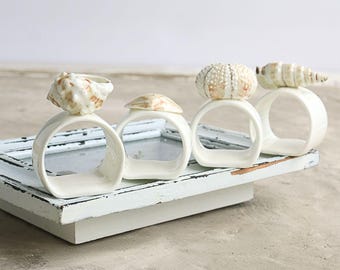 Vintage Coastal Napkin Rings Set of 4 Real Seashells, Beach House Table Decor, Nautical Dining, Coastal Wedding Table Setting