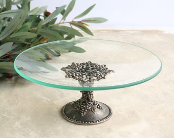Vintage Glass Cake Stand with Silver Tone Grape Vine Base, Victorian Style Pedestal Plate, Cheese Platter, Elegant Dessert Display b3
