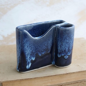 Blue Pottery Desk Organizer, Bay Pottery Notepad & Pen Holder, Cobalt Drip Glaze Toothbrush Holder