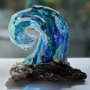 Ocean Wave Curl, Fused Glass Ocean Swell with Sea Spray on driftwood.
