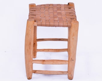 Handmade Moroccan stool woven on eucalyptus wood (wood and leather, 13" square x 15" high // 12" square x 11" high)