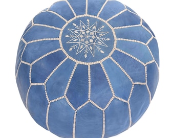 13'x20' Handmade Premium Leather Moroccan Pouf Cover - Ottoman Footstool - with Beautiful Embroidered Patterns, Blue Pouf