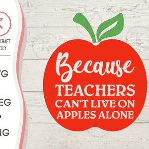 May include: Red apple graphic with the text "Because Teachers Can't Live On Apples Alone" in white lettering.