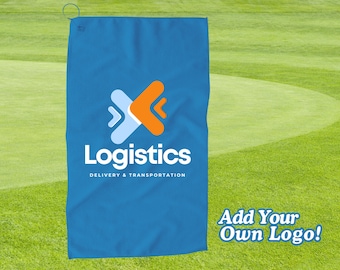 Può includere: Un asciugamano da golf blu con un logo bianco e arancione con la scritta "Logistics" e "Delivery & Transportation". L'asciugamano ha un anello per appenderlo e il testo "Add Your Own Logo!" è visibile.