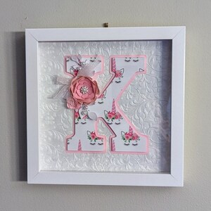 Unicorn Letter,Framed Flower Decor,Custom Letter,Custom Initial,Personalized Shadow Box Frame,Floral Decor, Pink Monogram,Girls Room