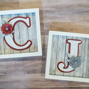May include: Two white framed shadow boxes with the letters C and J in red outlined letters. The letters are on a woodgrain background with a red and a gray flower in each box.