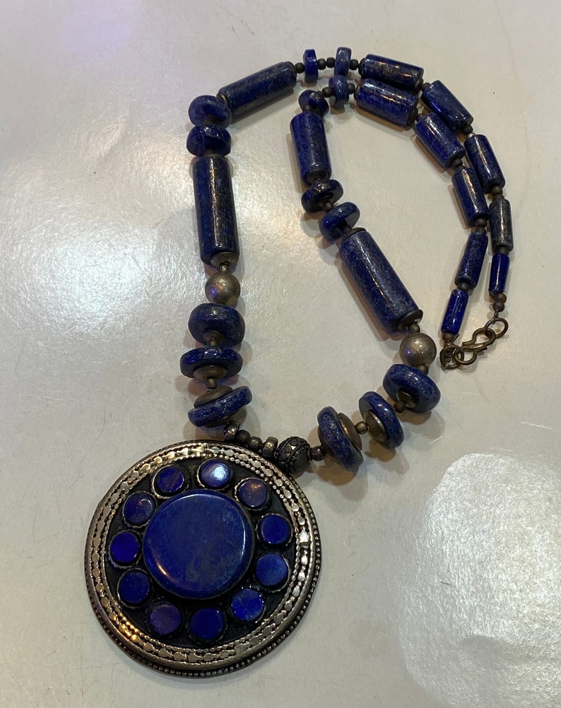 Afghan old necklace lapis lazuli stone necklace silver plated necklace