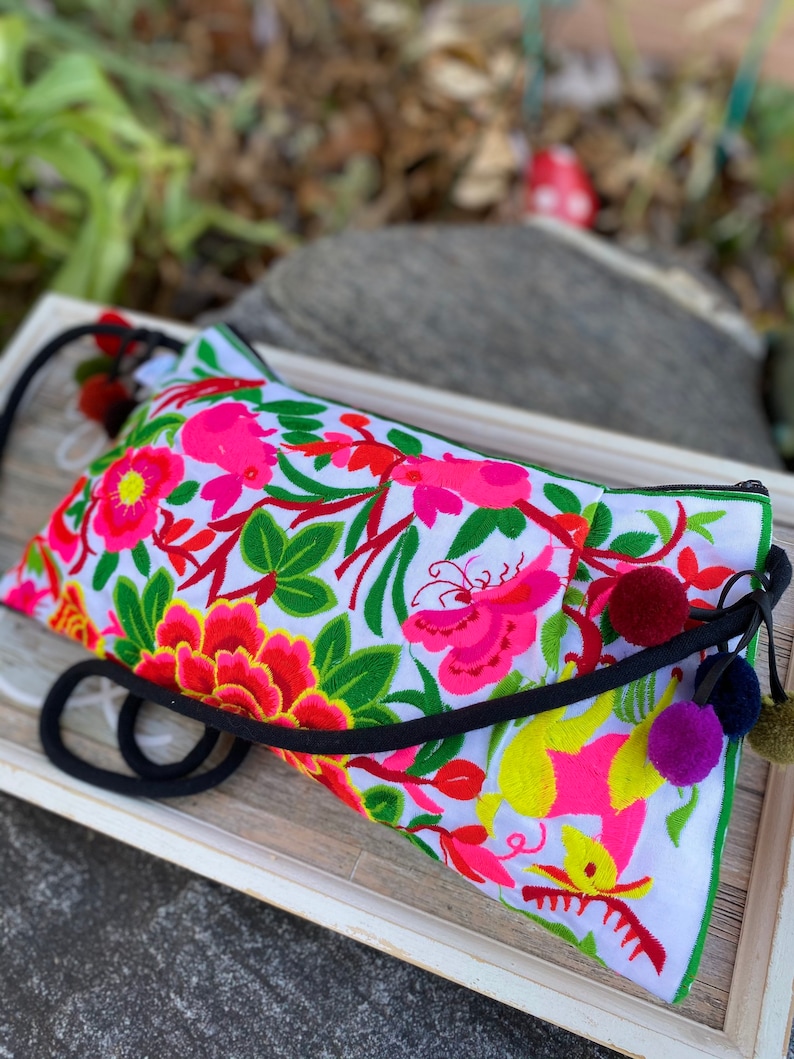 Floral Birds Butterfly Embroidery Crunch Hill Tribe embroidery purse Hand made embroidary crossbody bag Hand Made Purse