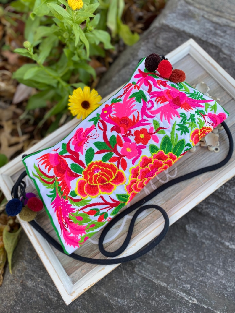 Floral Birds Butterfly Embroidery Crunch Hill Tribe embroidery purse Hand made embroidary crossbody bag Hand Made Purse