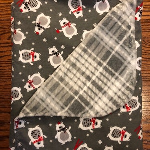 Plaid Minky and Flannel Winter Snow Bear Baby Blanket Gender Neutral