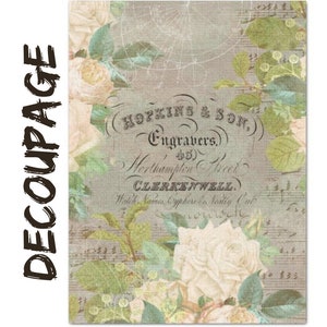 Large Decoupage Paper - 20 x 30&quot; - White Rose Ephemera - Furniture Decoupage - with Instructions