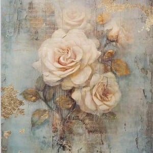 May include: An artistic painting of roses in soft, muted tones. The artwork features several large, creamy-white roses with delicate petals, set against a textured, distressed background with gold accents and a faded blue wash.